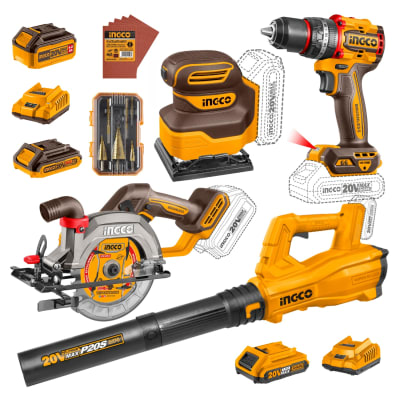 Taladro percutor + Sierra circular + lijadora + sopladora Ingco