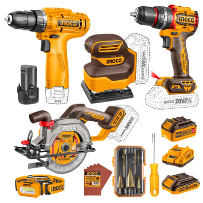Taladro percutor 66nm + Sierra circular + Lijadora + Taladro Ingco