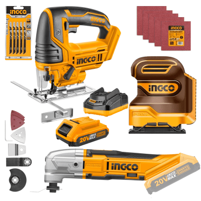 Combo lijadora orbital 20v + sierra caladora 20v + mutifuncion 20v Ingco1