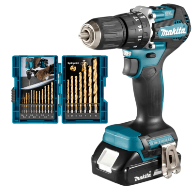 Taladro Percutor 18v + 18 brocas de Titanio Makita1