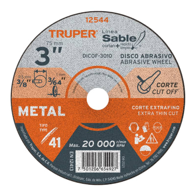 Disco Tipo 41 de 3´´ x 1 mm corte fino de metal, Sable Truper1