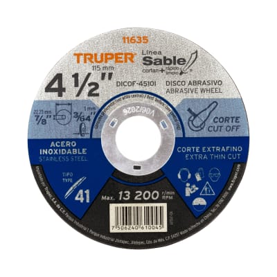 Disco Tipo 41 de 4-1/2'' x 1 mm corte fino acero inox, Sable Truper1