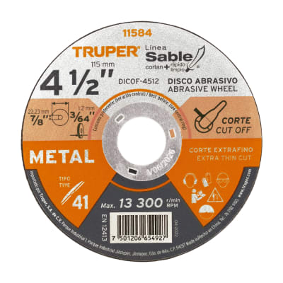 Disco Tipo 41 de 4-1/2´´ x 1.2 mm corte fino de metal, Sable Truper1