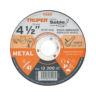 Disco Tipo 41 de 4-1/2'' x 1.6 mm corte fino de metal, Sable Truper