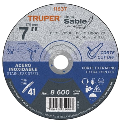 Disco Tipo 41 de 7'' x 1.8 mm corte fino acero inox, Sable Truper
