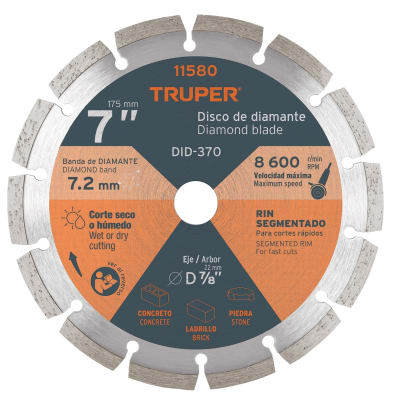 Disco diamantado de 7'' x 2.5 mm rin segmentado. truper