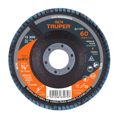 Disco flap 4-1/2'' grano 60 centro 7/8'' Truper