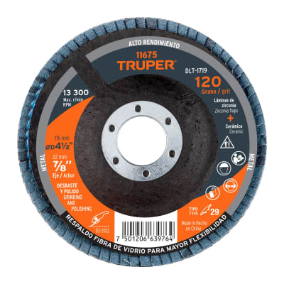 Disco flap 4-1/2´´ grano 120 centro 7/8´´, Truper1