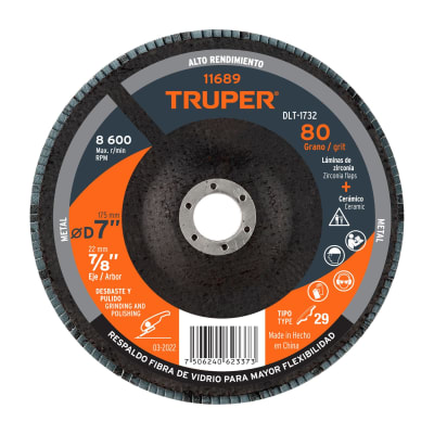 Disco flap 7'' grano 80 centro 7/8''. truper