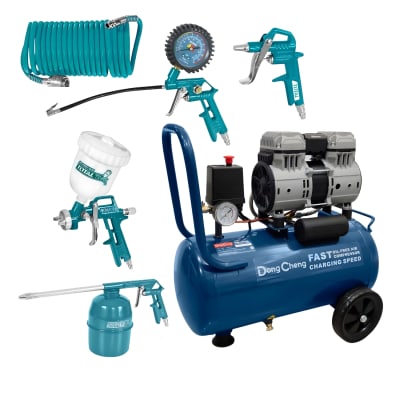 Compresora Silenciosa 30L 1200w DongCheng + Kit Neumático 5 piezas Total