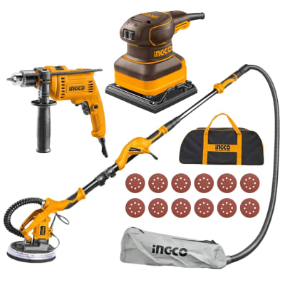 Lijadora de pared y techo 1050w + lijadora orbital y taladro percutor Ingco