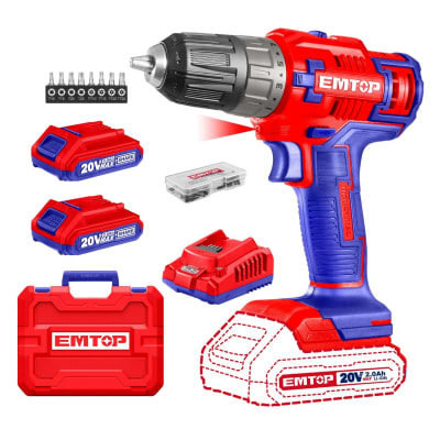 Taladro atornillador 45nm + 2 baterías y accesorios Emtop1