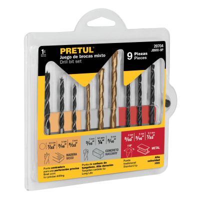 Juego de 9 brocas para metal concreto y madera Pretul