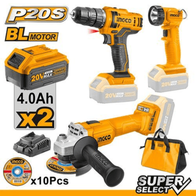 Kit Amoladora 4 1/2 + Taladro 3/8 + Linterna 20v 4ah Ingco1