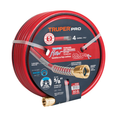 Manguera 5/8´´ super reforzada 4 capas 30 m conexiones metal Truper