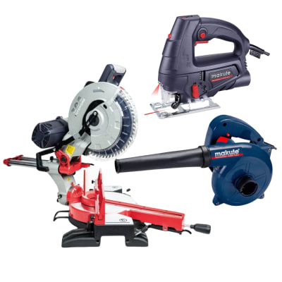 Sierra ingletadora 2000w + sierra caladora + sopladora y aspiradora Makute1