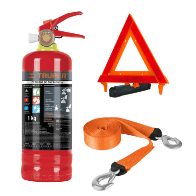 Extintor 1Kg  + triangulo de seguridad y correa de remolque