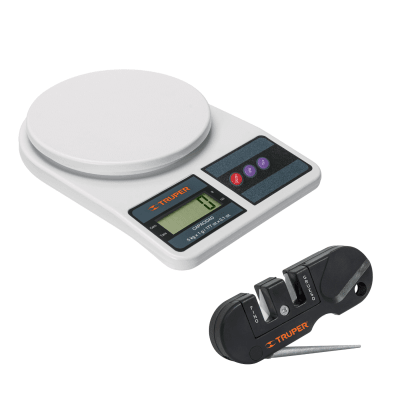 Balanza para cocina de plastico 5kg con mini afilador de cuchillos truper1