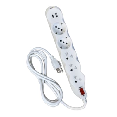 Supresor de pico 3 tomas universales + 2 Schuko + USB Opalux