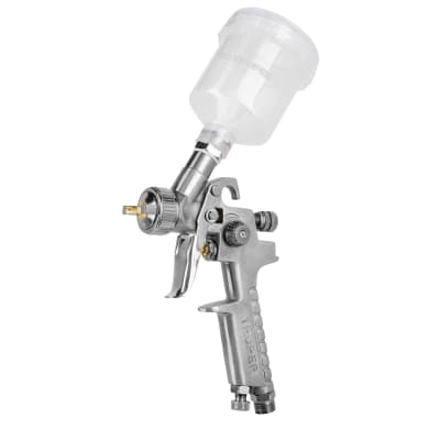 Pistola p/retoque gravedad, HVLP,vaso plástico,boquilla 1 mm Truper