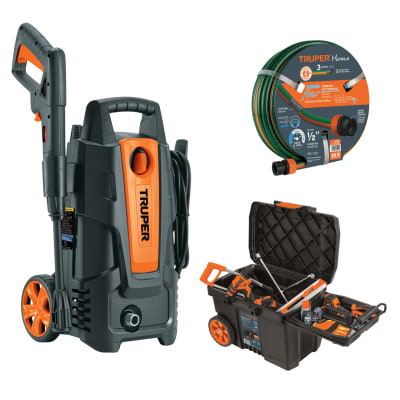 Hidrolavadora + manguera 10m con caja de herramientas con ruedas Truper