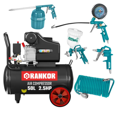 Compresora 50 litros Rankor + Kit 5 herramientas neumaticas Total1