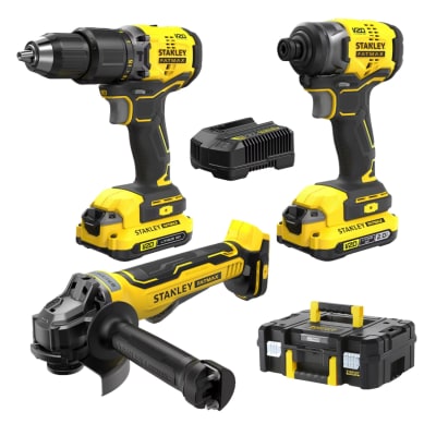 Taladro percutor + Atornillador de impacto + Amoladora 20v Stanley