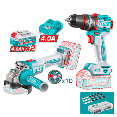 COMBO 20V TALADRO 66NM + AMOLADORA 1200W 2X4.0AH + ACC MALETIN TOTAL1