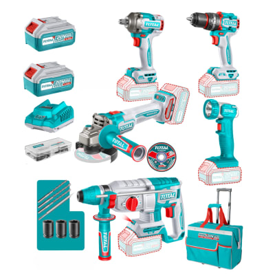 Combo Taladro 66nm + llave de impacto + Rotomartillo + Amoladora + Linterna Total1