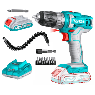 Taladro atornillador inalámbrico 20v + bateria y accesorios Total