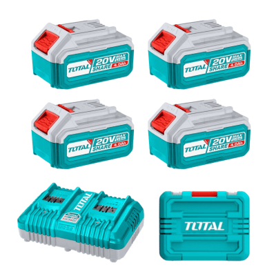 Pack de 4 baterias 20v 4ah + cargador rapido y maletin Total