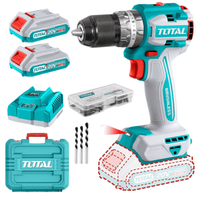 Taladro atornillador percutor Brushless Chuck Metálico 20V +2 Baterías 2.0AH Total
