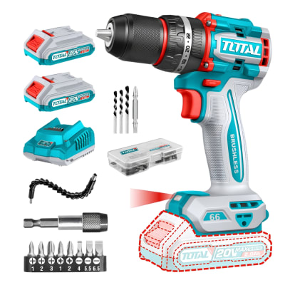 Taladro Atornillador 66nm + 2 Bat 2Ah 20v + Accesorios Total1