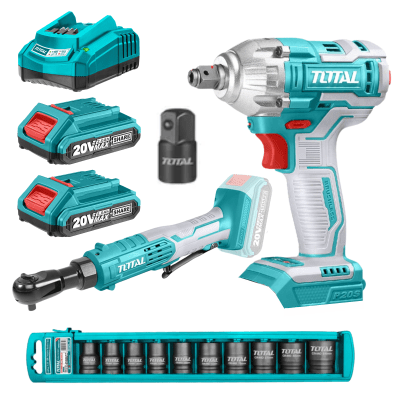 Combo llave de impacto 20v + llave ratchet 20v + set dados Total