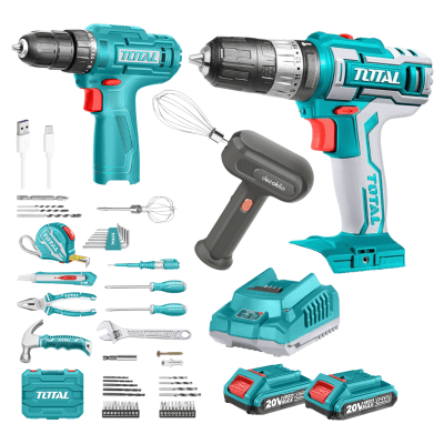 Taladro percutor 20v + taladro 12v + 89 herramientas Total