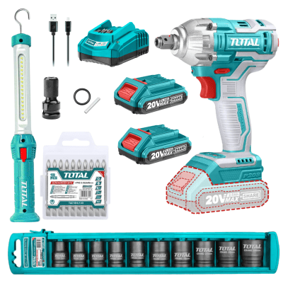 Combo Llave de impacto 20v + lampara magnética + dados y puntillas Total1