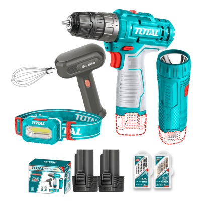 Taladro 12v + linterna + lampara + batidora Total