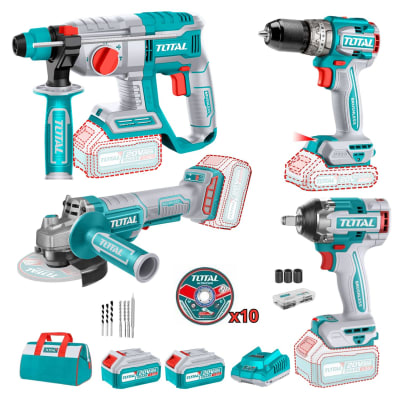 Taladro percutor + llave de impacto 500nm + rotomartillo + amoladora Total