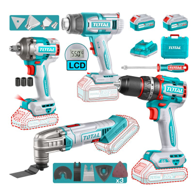 Taladro percutor 66nm + llave de impacto + pistola de calor + herramienta multifunción Total1
