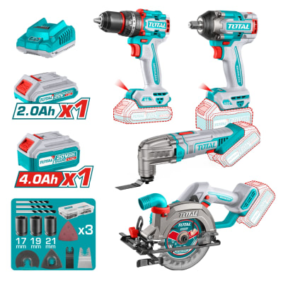 Combo 4 en 1 Taladro 66nm + Llave de Impacto 500nm + Sierra Circular + H.Multi 20V Total