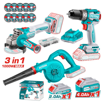 Combo Taladro 60nm + Amoladora 1000w + Sopladora 20v Total