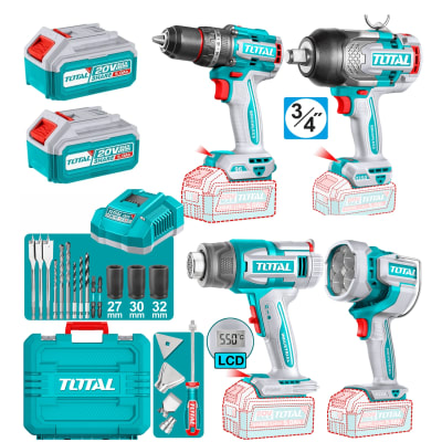 Combo 4 en 1 Llave de Impacto 1350nm +Taladro 96nm + Pistola de Calor + Linterna 20v Total