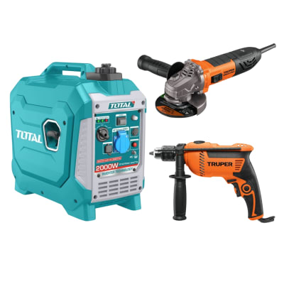 Generador Inverter Silencioso TOTAL 2000W + Taladro y Amoladora Truper