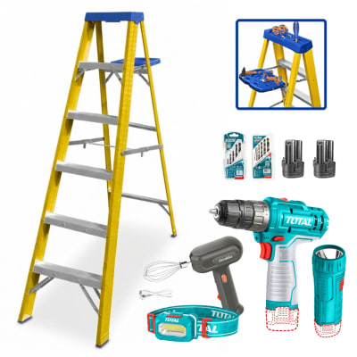 Escalera fibra de vidrio 5 pasos Wadfow + Taladro y linterna Total