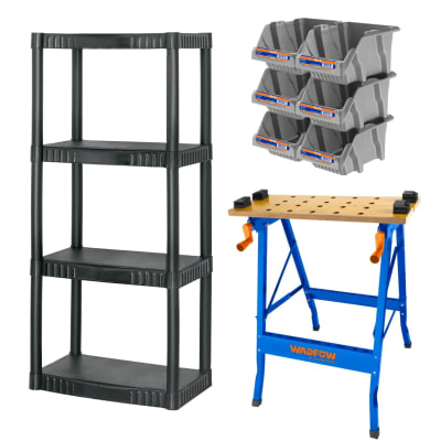 Mesa de Trabajo Plegable 605x630x750mm Wadfow+ESTANTE 4 REPISAS 27KG PRETUL+ JGO 6 12