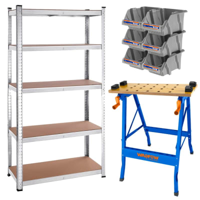 Mesa de Trabajo Plegable 605x630x750mm Wadfow+ESTANTE 4 REPISAS 27KG PRETUL+ JGO 6 12