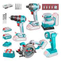 Taladro percutor 66nm + sierra circular + atornillador 285nm + lijadora y linterna Total 0