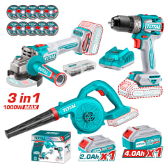 Combo Taladro 60nm + Amoladora 1000w + Sopladora 20v Total
