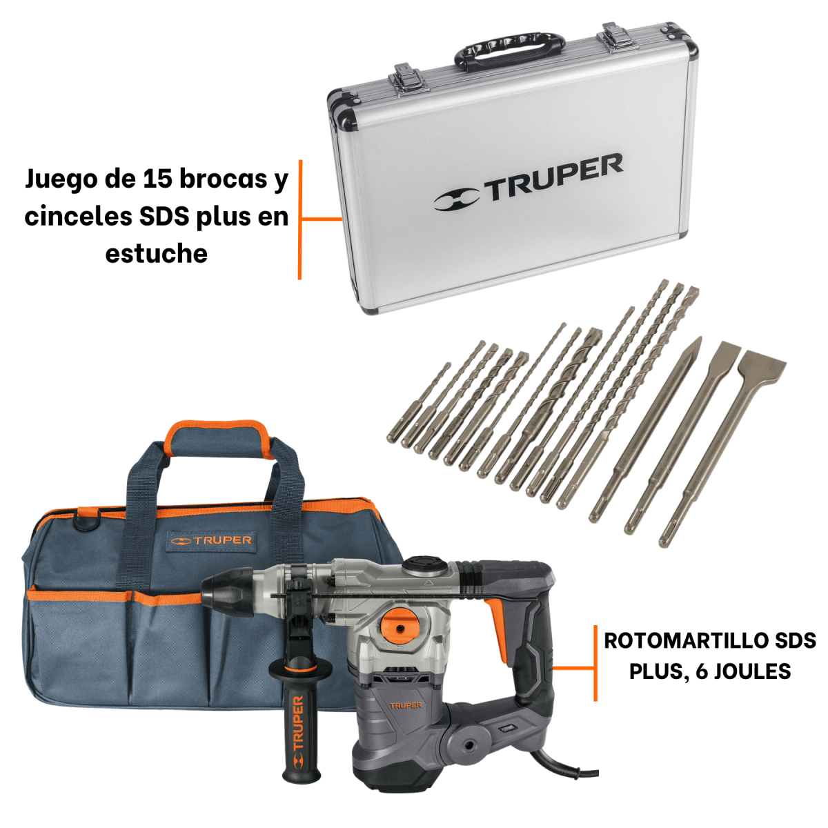 Rotomartillo SDS PLUS 6 Joules con juego de brocas y cinceles Truper2