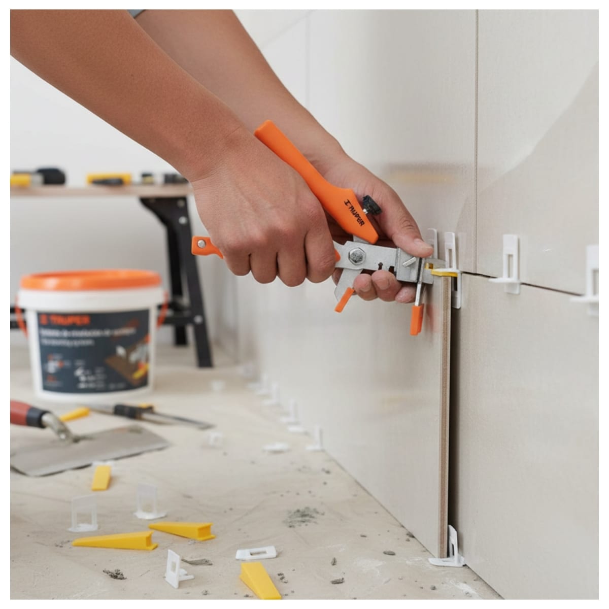 cuñas 100 unidades + anclas 100 + pinza para nivelacion de mayolicaTruper5